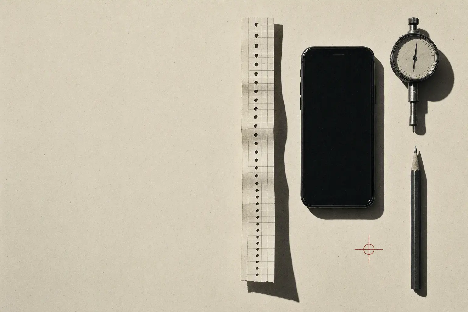 A black phone beside a punched timing strip, calibration gauge, and pencil on warm paper
